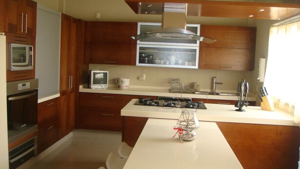 Une cuisine moderne avec des meubles en bois, un four à micro-ondes, une cuisinière et un petit îlot central agrémenté d’un vase.