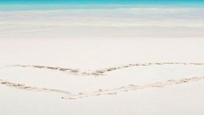 Une plage où l’on voit des empreintes de pas qui mènent à l’eau.