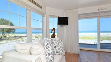 Smart TV, fireplace, books, stereo