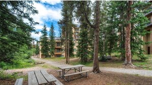 A wooded area with picnic tables and a building in the background. - short walk to Quicksilver lift, bars & restaurants. (Breckenridge)