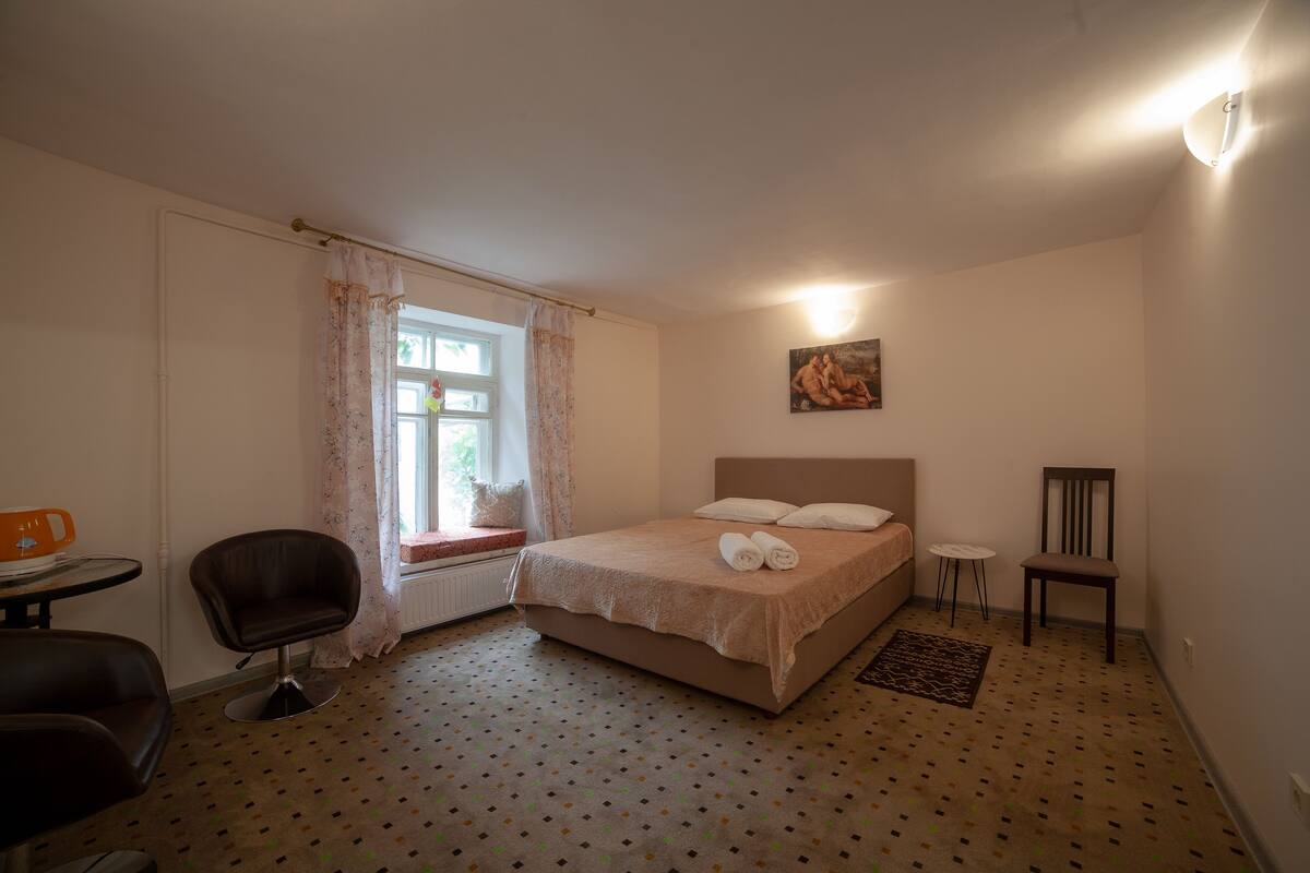 Habitación doble estándar, 1 cama Queen size, para no fumadores | Tabla de planchar con plancha, wifi gratis y ropa de cama