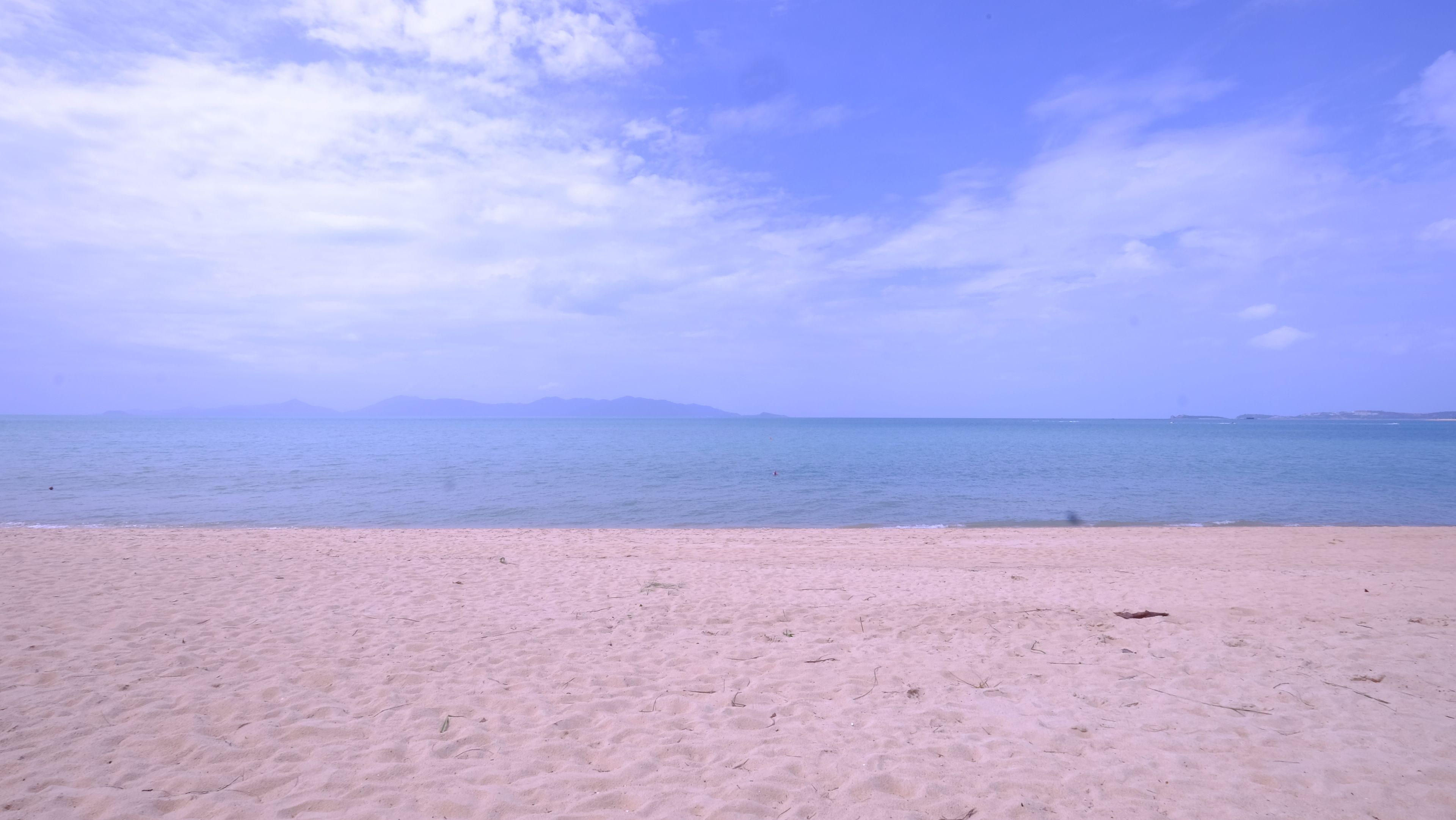 Una playa con cielo despejado y mar en calma.