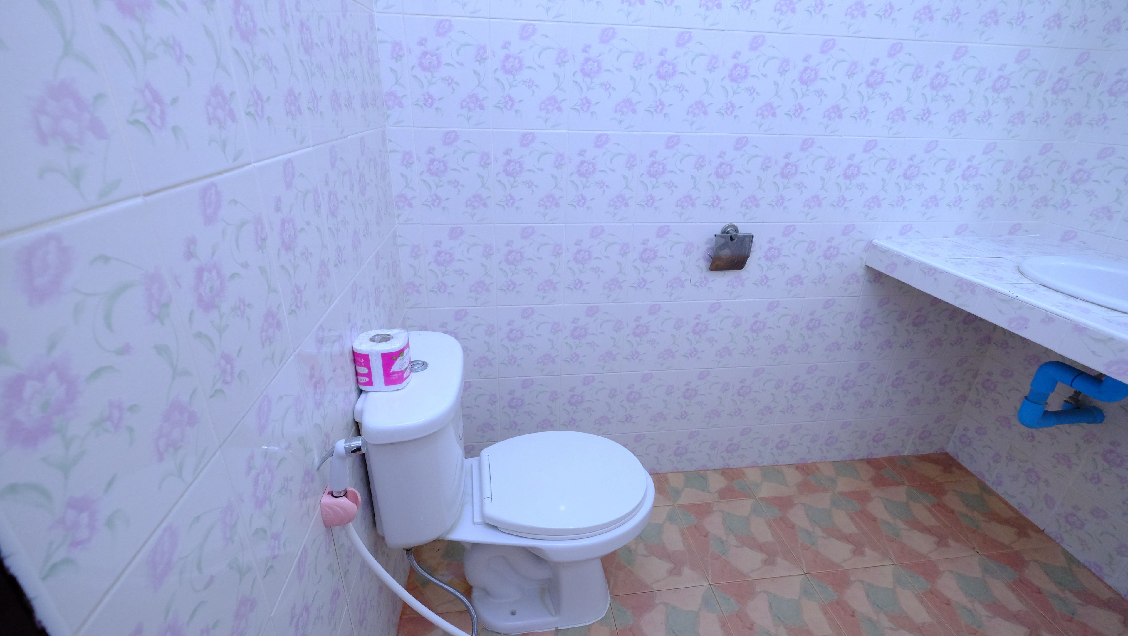 A small bathroom with a toilet, a roll of toilet paper, and a blue pipe on the floor.