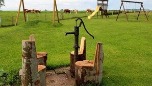 Eine rustikale Außenanlage mit einer Holzschaukel, einer Rutsche und einer Wasserpumpe.