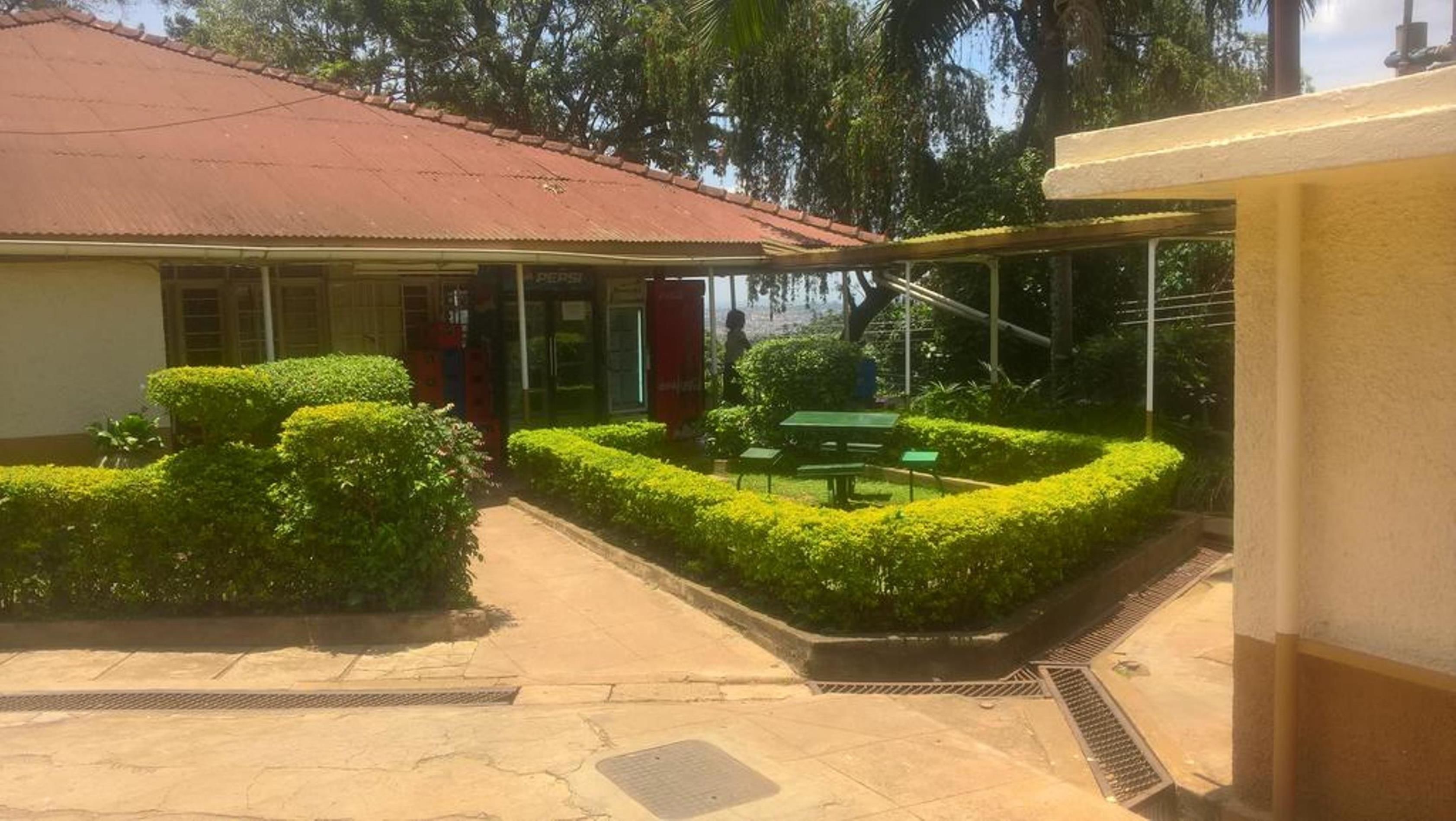 A courtyard with a building, neatly trimmed bushes, and a green table.