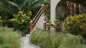 Un camí que condueix a una escala envoltat de vegetació exuberanta i plantes en flor.