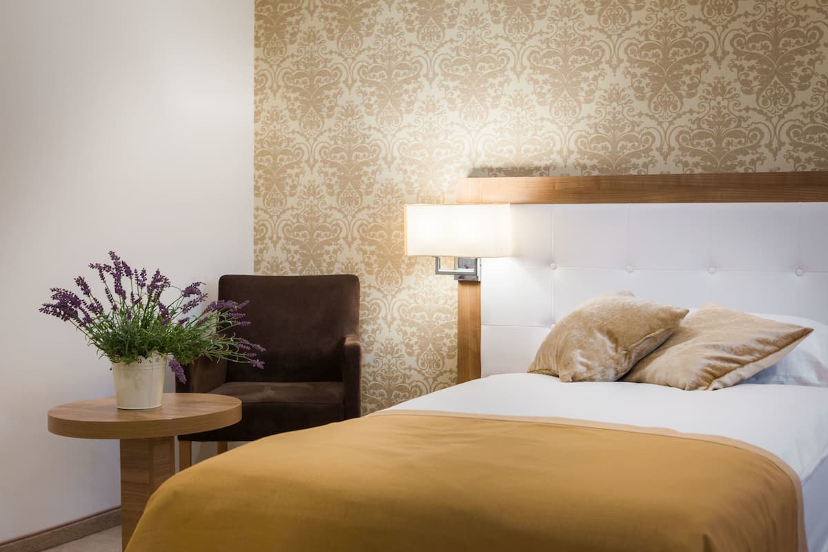 A hotel room with a bed, a chair, a small table with a potted plant, and a patterned wallpaper.