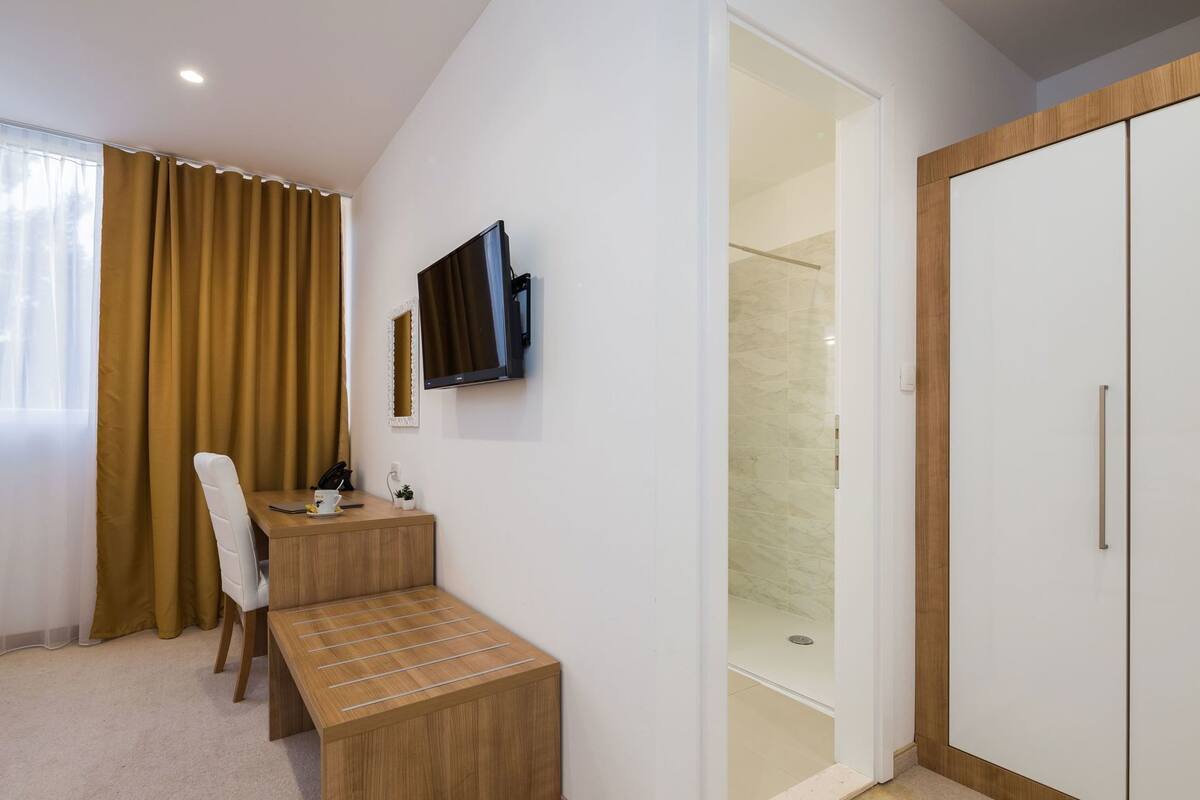 A bedroom with a desk, chair, TV, wardrobe, and a shower area.