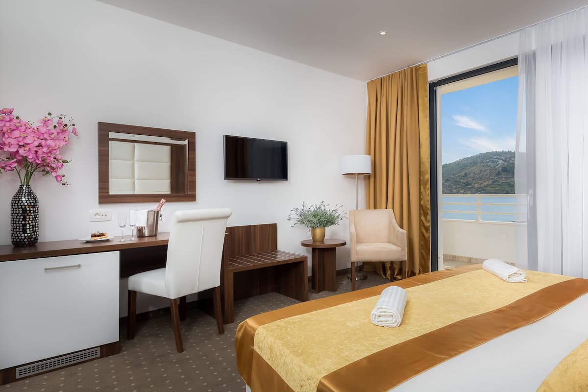 A hotel room with a bed, a desk, a chair, a TV, a plant, and a view of the outdoors.