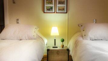 Une chambre d’hôtel avec deux lits, une table de chevet avec une lampe et une petite plante en pot.