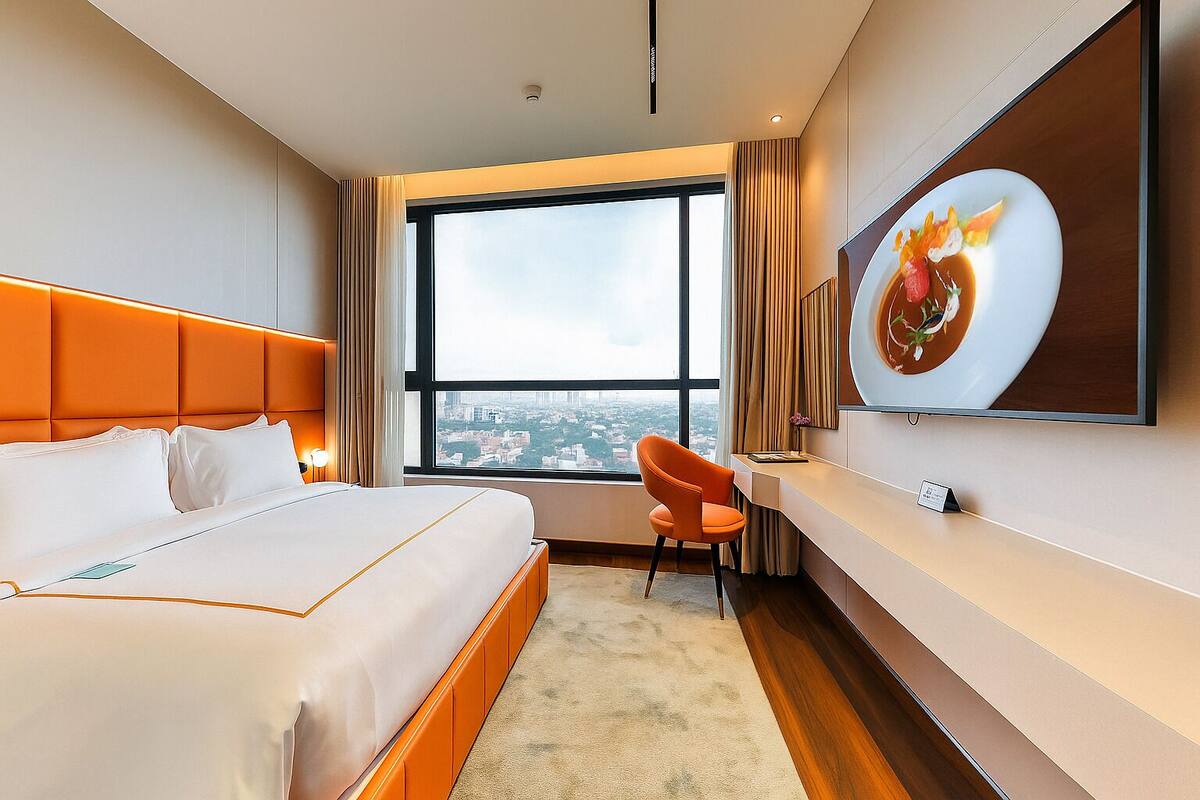 A hotel room with a large bed, a desk, a chair, and a large window offering a city view.