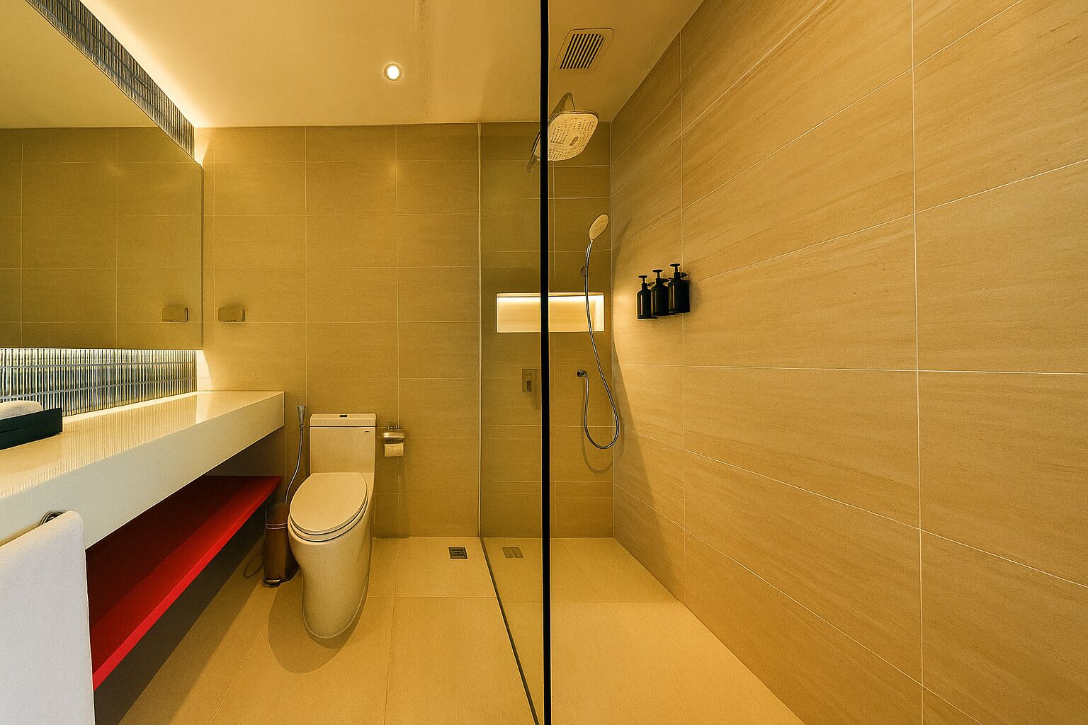A modern bathroom with a toilet, shower, and a vanity with a mirror.