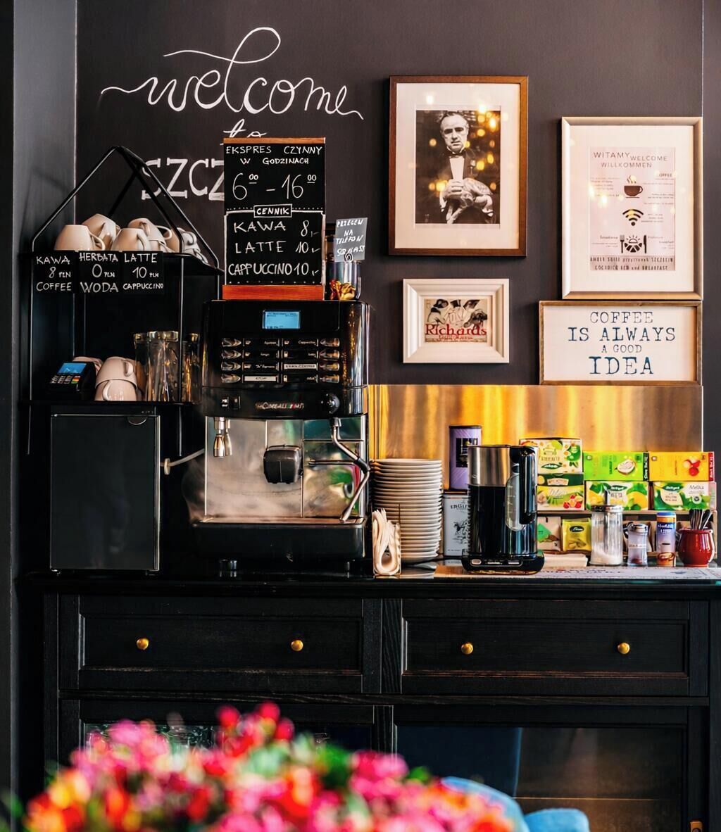Una estación de café con un menú en pizarra, máquinas de café y diferentes productos de café.