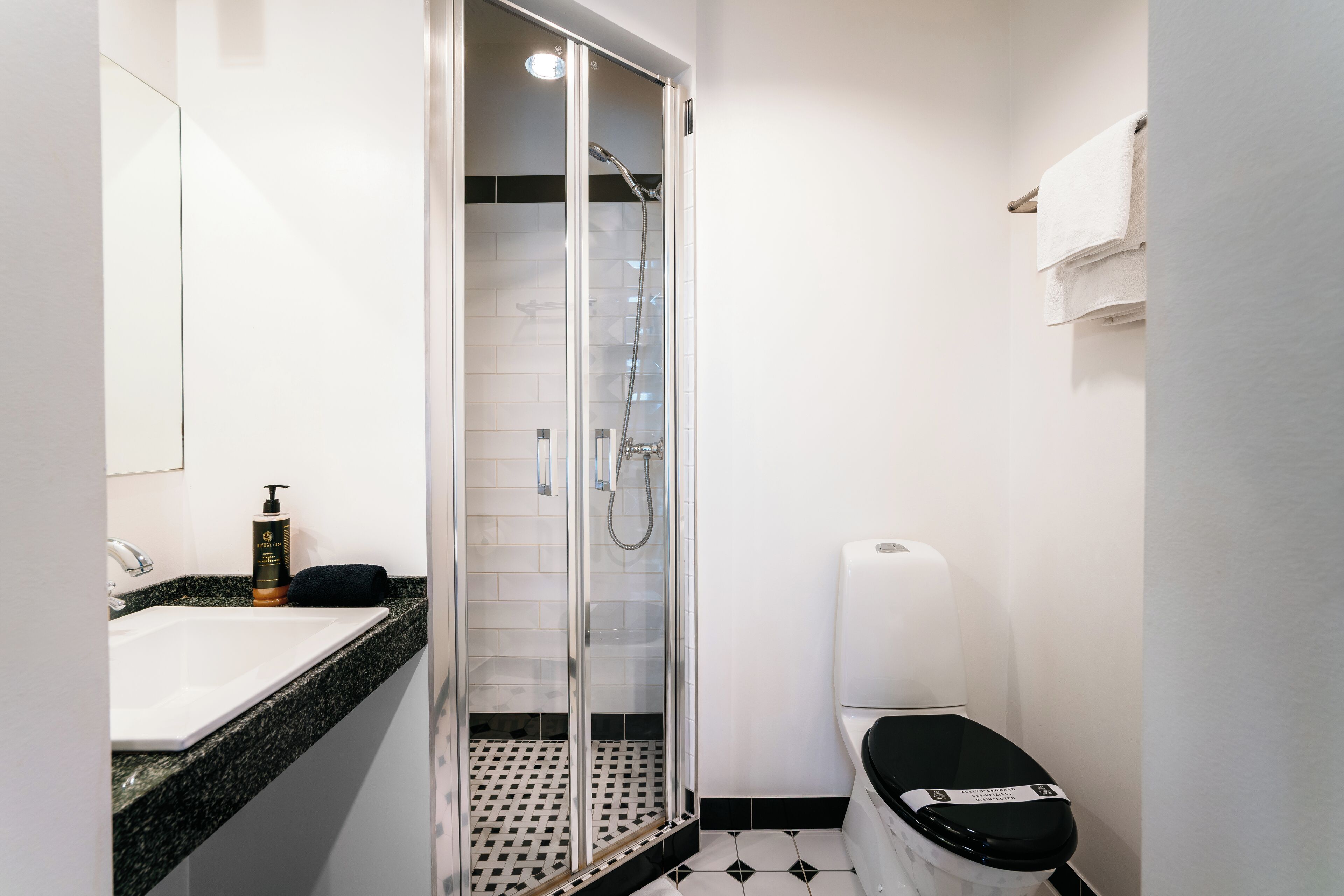 A bathroom with a glass-enclosed shower, a sink with a granite countertop, a toilet, and a towel rack.