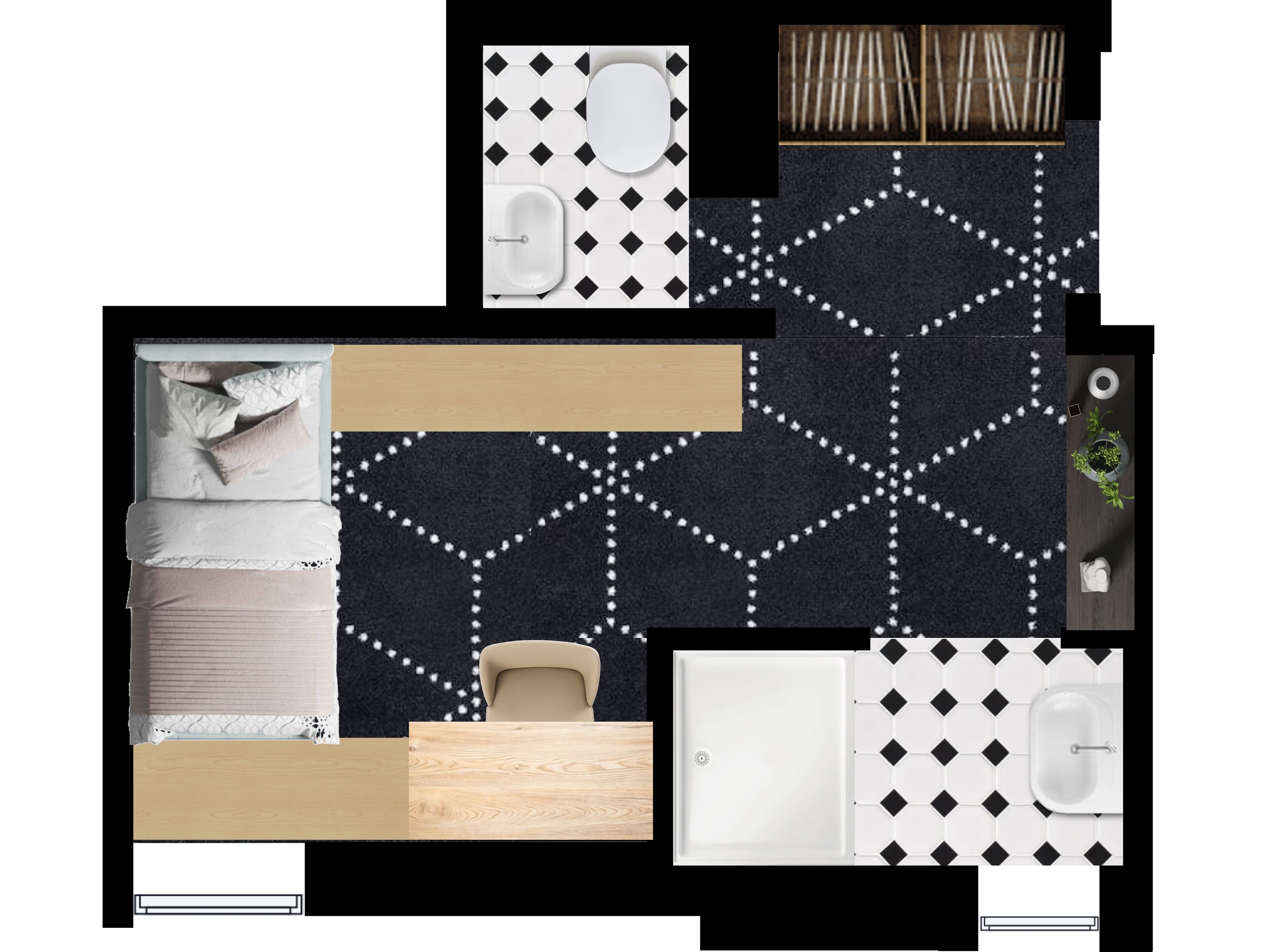 A modern bathroom with a black and white patterned floor, a white sink, a toilet, and a shower area.