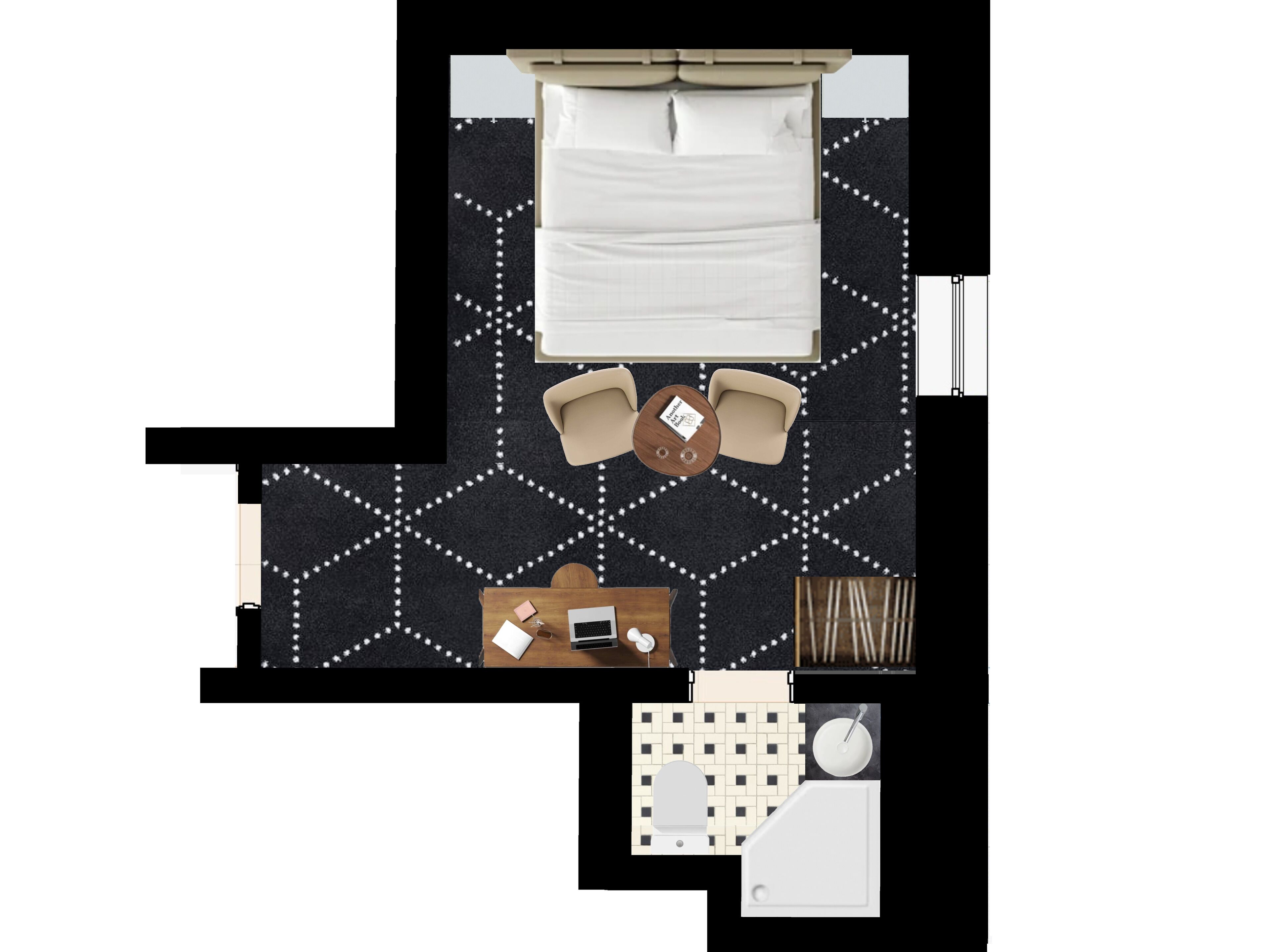 Un plan d’une chambre d’hôtel comprenant un lit, deux chaises, une petite table, un bureau, une salle de bain et une armoire.