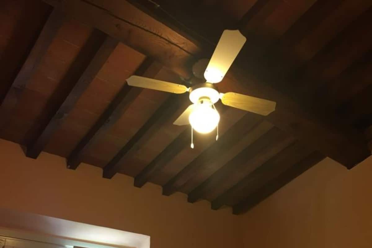 Ein Zimmer mit Holzboden, Deckenventilator, T ür und Toilette.