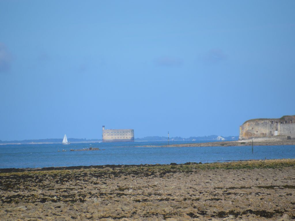 A coastal landscape with a sandy beach, a lighthouse, and a large fort-like structure.