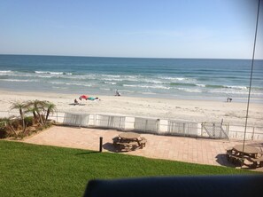 On the beach, sun loungers, beach towels