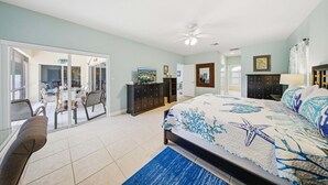 A bedroom with a bed, a desk, a chair, a wardrobe, and a ceiling fan. - P13 - Loggerhead House 3 Bedroom Home with Private Pool (Key Colony Beach)