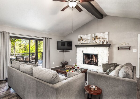 TV connectée, cheminée, lecteur de DVD, livres