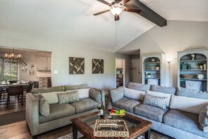 TV connectée, cheminée, lecteur de DVD, livres