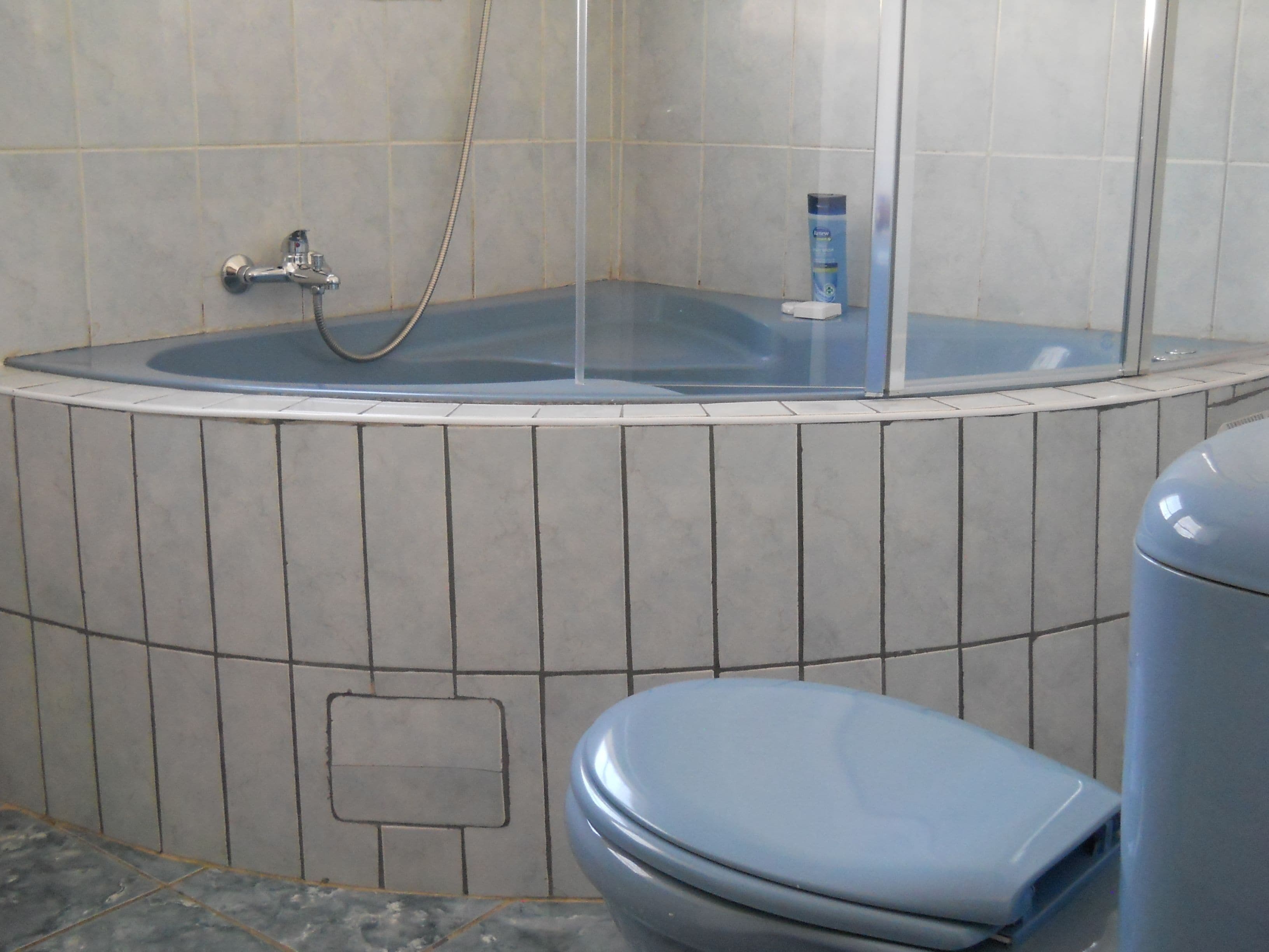 Ein Badezimmer mit Badewanne, Toilette und Dusche.