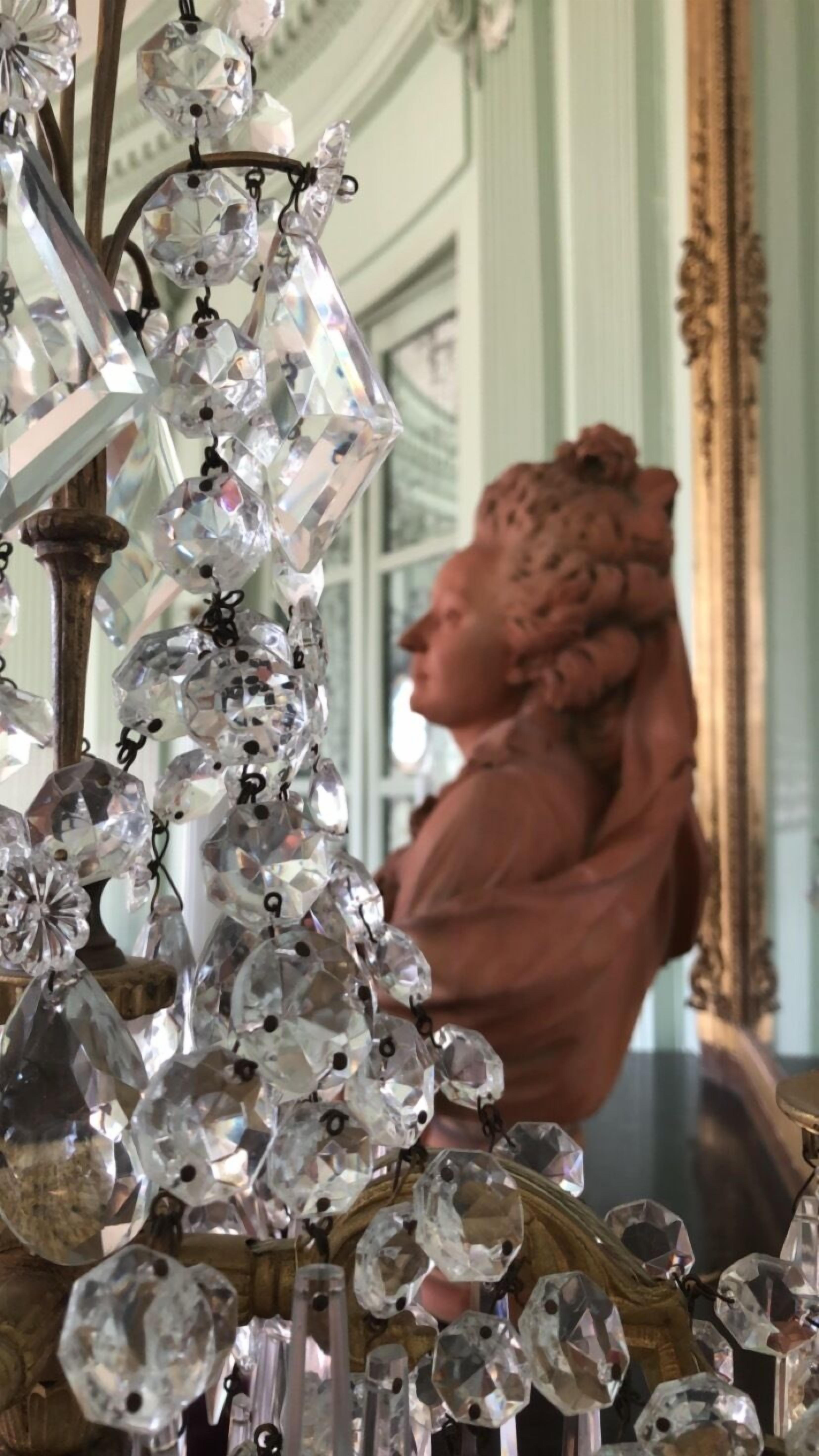 A chandelier with multiple clear crystal elements.