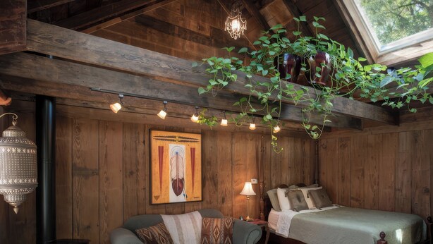 A cozy room with a sofa, a bed, a wooden floor, a wall-mounted painting, a hanging plant, a lantern, and a fireplace.