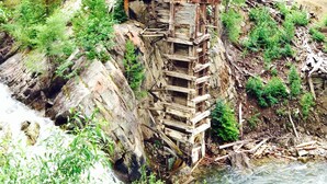 A wooden water tower with a staircase leading up to it, surrounded by greenery and a river. - Unique 40 AC Horse Friendly Ranch Renovated 1850 Miners Cabin w/3000 SF Addition (Gunnison)