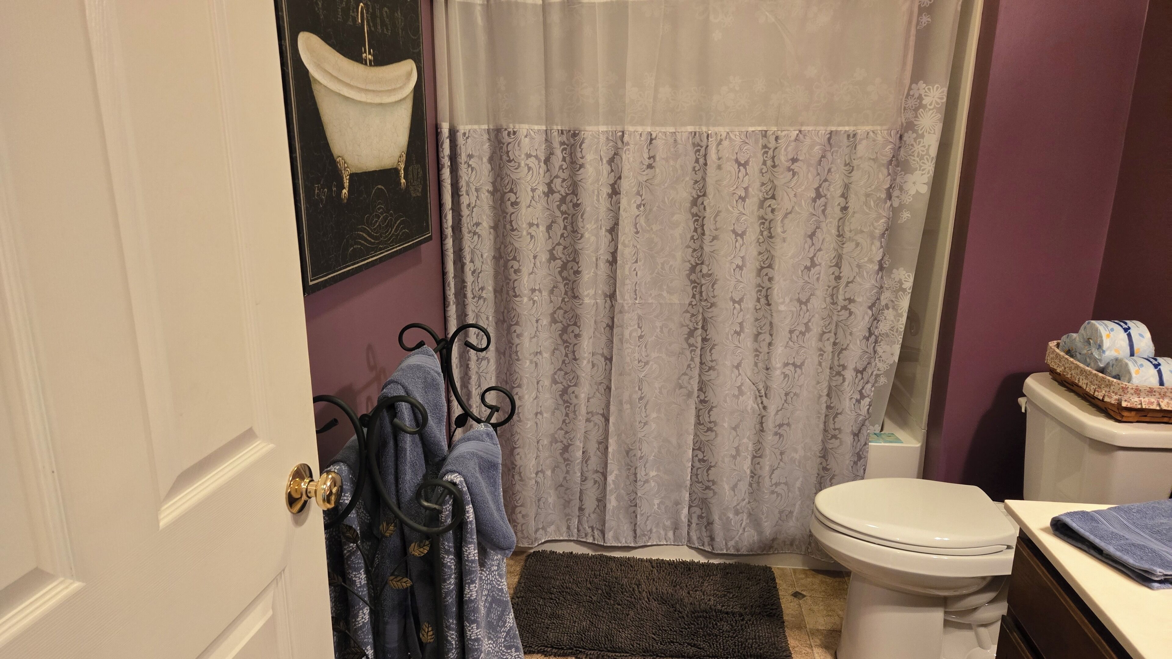A bathroom with a toilet, a shower curtain, and a bathtub.