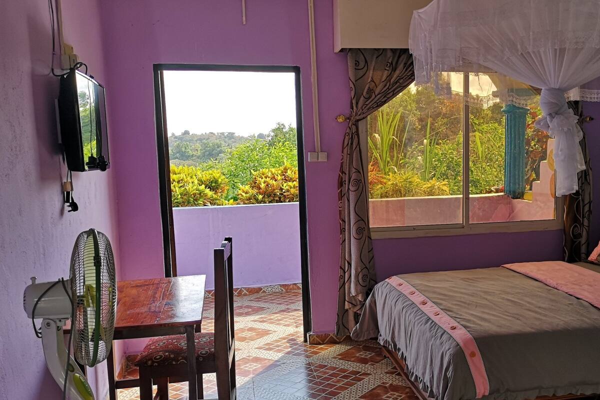 Desk, laptop workspace, blackout curtains, bed sheets