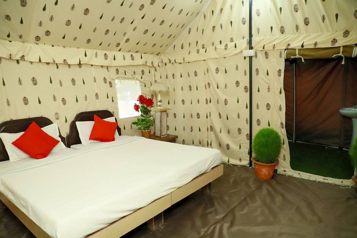 Luxury Tent, 1 Double Bed, River View, Lakeside | Frette Italian sheets, premium bedding, memory foam beds, desk