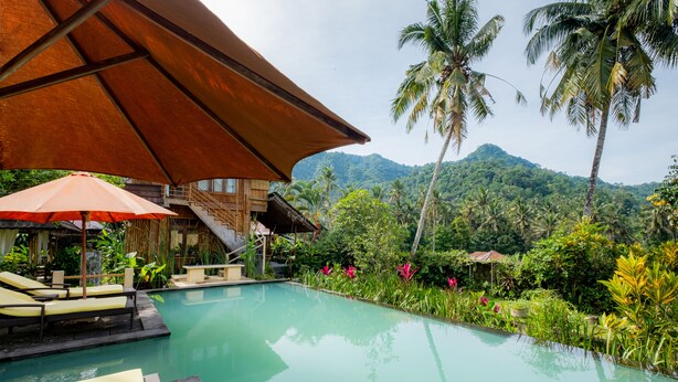 A pool area with lounge chairs and umbrellas, surrounded by lush greenery and palm trees. - Villa Manuk (Sawan)