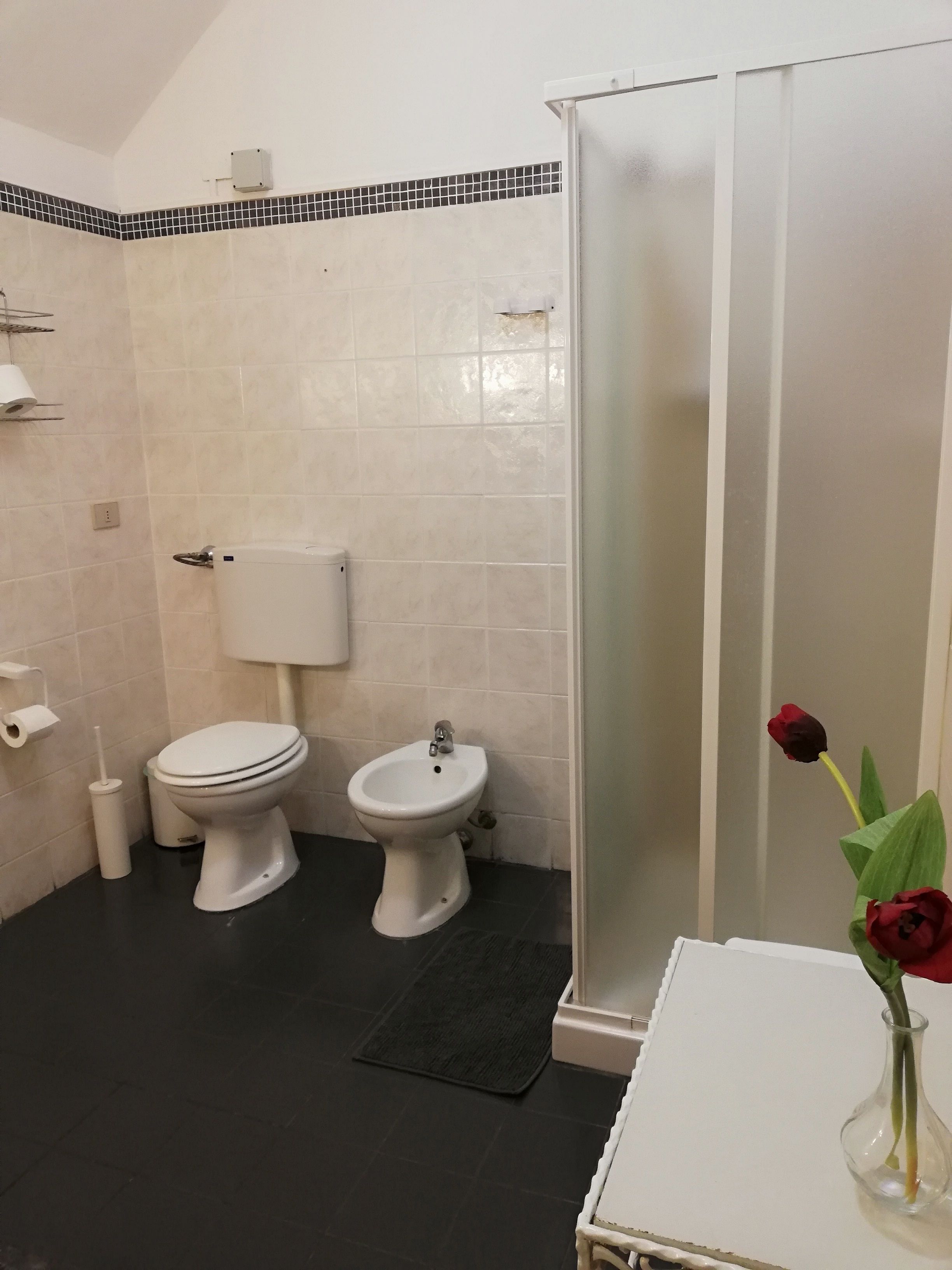 Un bagno con WC, bidet e box doccia in vetro.