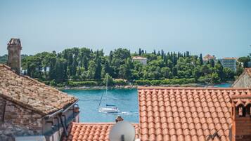 A coastal view with a boat on the water, terracotta roofs, and dense greenery.