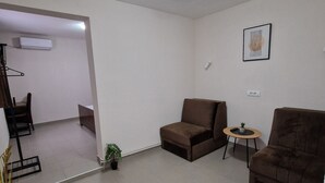 A spacious living room with two brown sofas, a small round table with a plant, and a ceiling light.