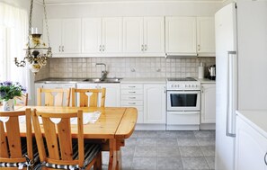 Fridge, stovetop, dishwasher, coffee/tea maker
