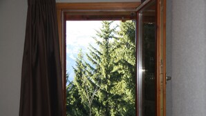 A window with a view of tall evergreen trees. - Luxury detached 12-person chalet, few steps from the slopes in heart Alpe d'Huez (Oz)