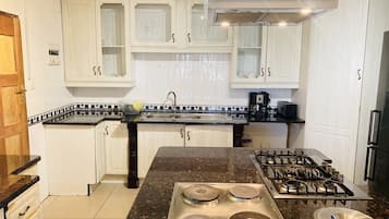 Full-sized fridge, microwave, oven, stovetop