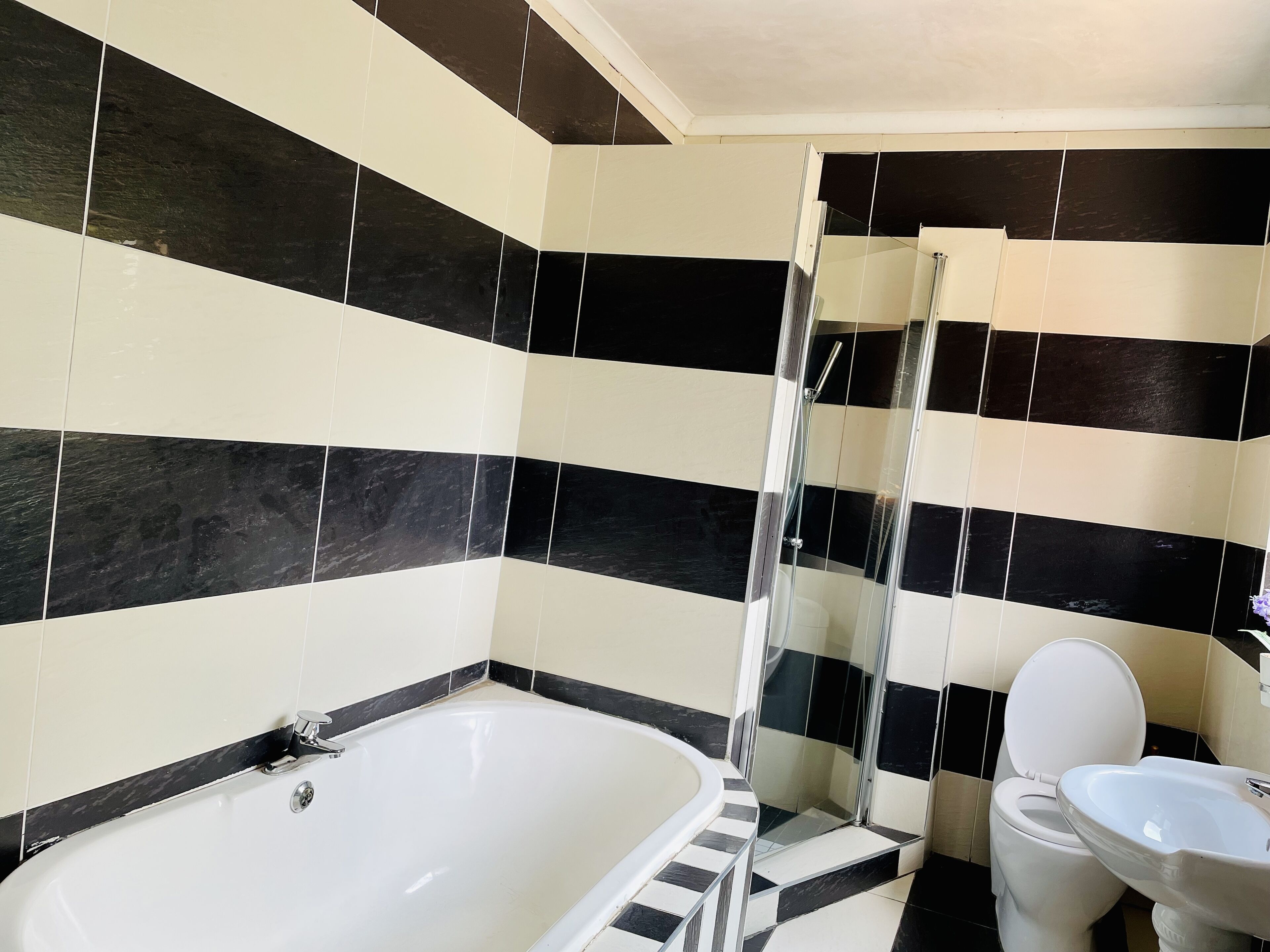 A bathroom with a bathtub, toilet, and shower.