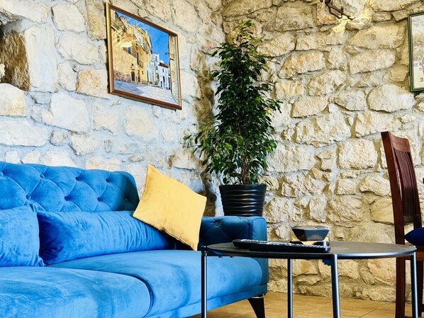 Habitació amb paret de pedra, un sofà blau, un coixí groc, una planta en test i una taula petita amb un comandament a distància.