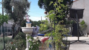 Un jardín con una fuente, una estatua y diversas plantas.