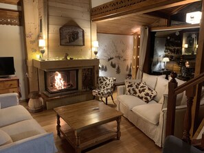 Smart TV, fireplace, books