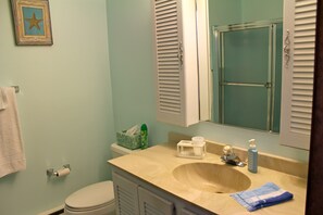 Secadora de cabello, toallas, jabón, papel de baño 