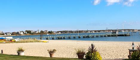 On the beach, sun loungers, beach towels