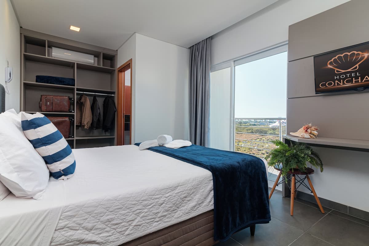 A hotel room with a large bed, a wardrobe, a desk with a plant, and a view of the landscape.
