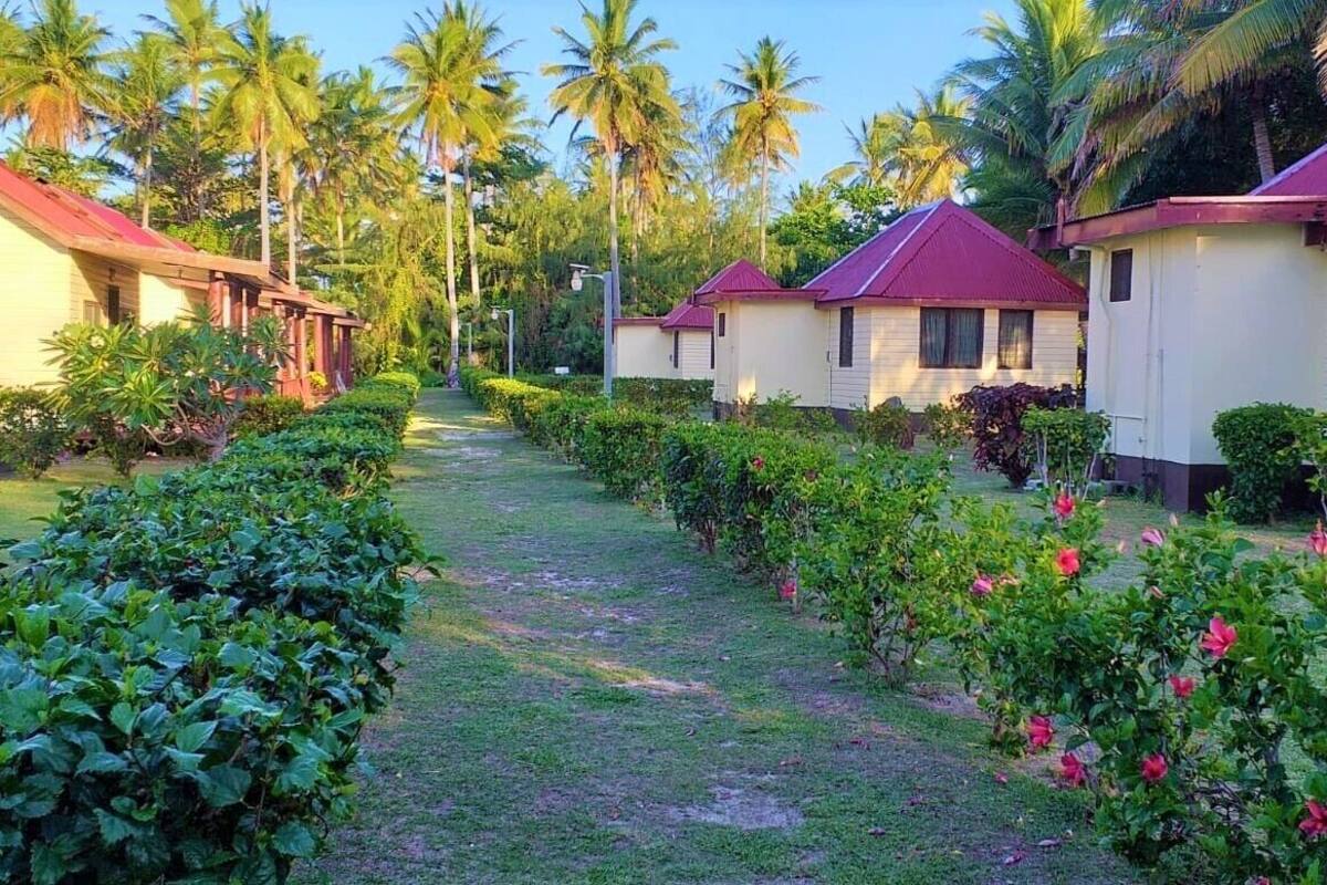 A row of white buildings with red roofs, surrounded by lush greenery and palm trees.