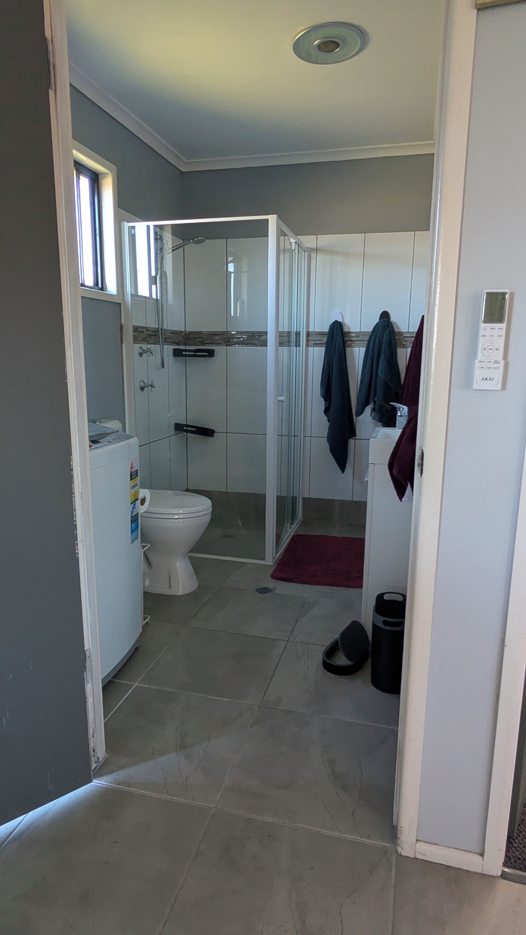 Shower, towels, soap, shampoo