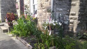 A stone building with a flag, potted plants, and outdoor electrical boxes.